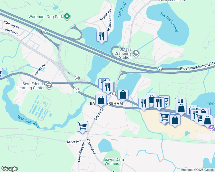 map of restaurants, bars, coffee shops, grocery stores, and more near 9 Glen Charlie Road in Wareham