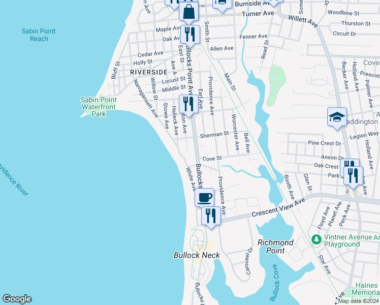 map of restaurants, bars, coffee shops, grocery stores, and more near 501 Bullocks Point Avenue in East Providence