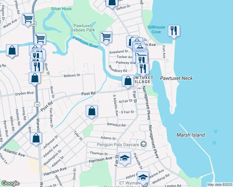 map of restaurants, bars, coffee shops, grocery stores, and more near 127 Post Road in Warwick