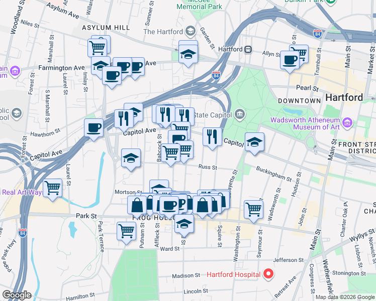 map of restaurants, bars, coffee shops, grocery stores, and more near in Hartford