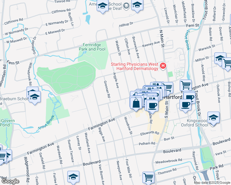 map of restaurants, bars, coffee shops, grocery stores, and more near 94 Grennan Road in West Hartford