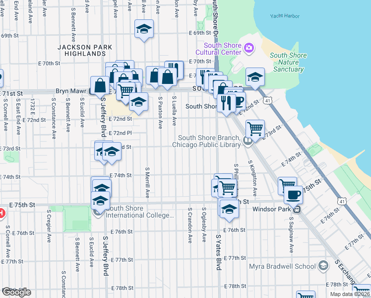 map of restaurants, bars, coffee shops, grocery stores, and more near 7247 South Crandon Avenue in Chicago