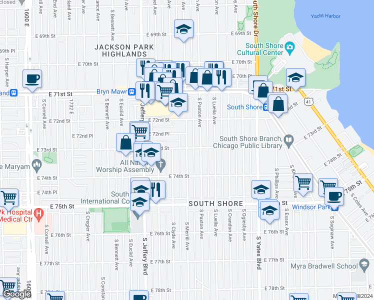 map of restaurants, bars, coffee shops, grocery stores, and more near 7244 South Merrill Avenue in Chicago