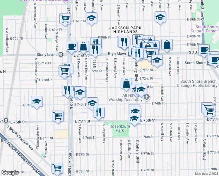 map of restaurants, bars, coffee shops, grocery stores, and more near 7249 South Constance Avenue in Chicago