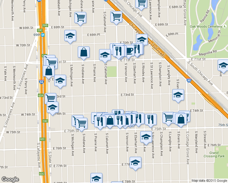 map of restaurants, bars, coffee shops, grocery stores, and more near 7229 South King Drive in Chicago