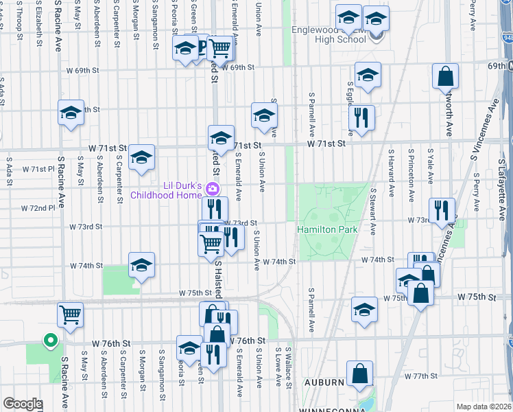 map of restaurants, bars, coffee shops, grocery stores, and more near 7208 South Union Avenue in Chicago