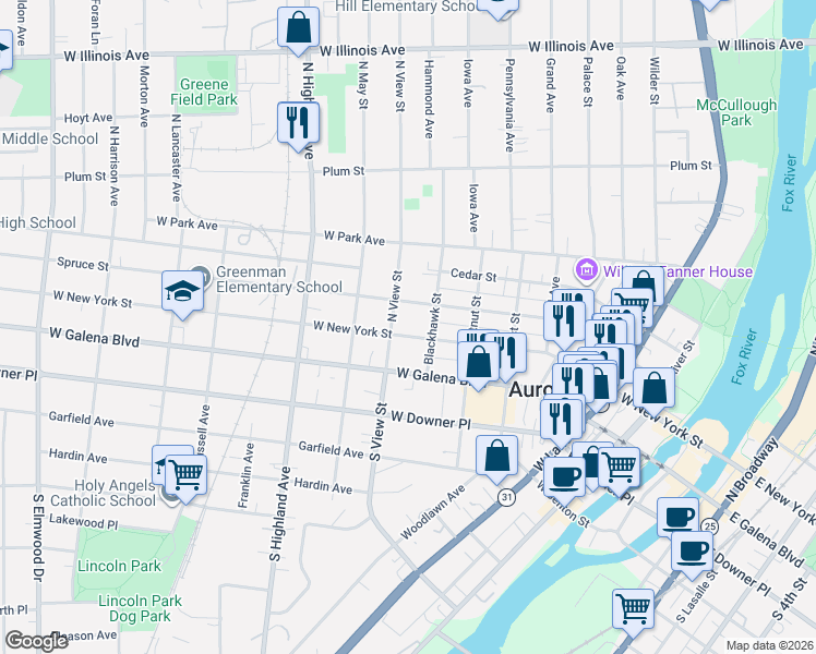 map of restaurants, bars, coffee shops, grocery stores, and more near 502 Spruce Street in Aurora