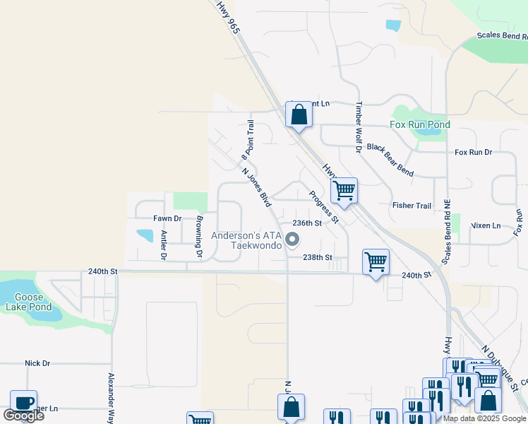 map of restaurants, bars, coffee shops, grocery stores, and more near 1567 Jaylen Lane in North Liberty