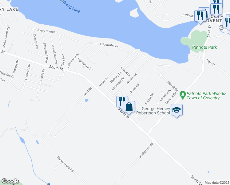 map of restaurants, bars, coffee shops, grocery stores, and more near 15 Juniper Drive in Coventry