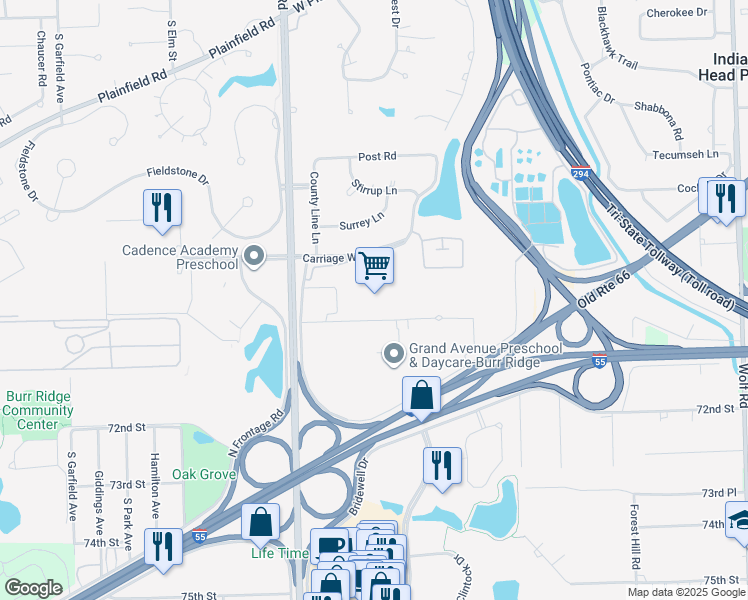 map of restaurants, bars, coffee shops, grocery stores, and more near 143 Tower Drive in Burr Ridge