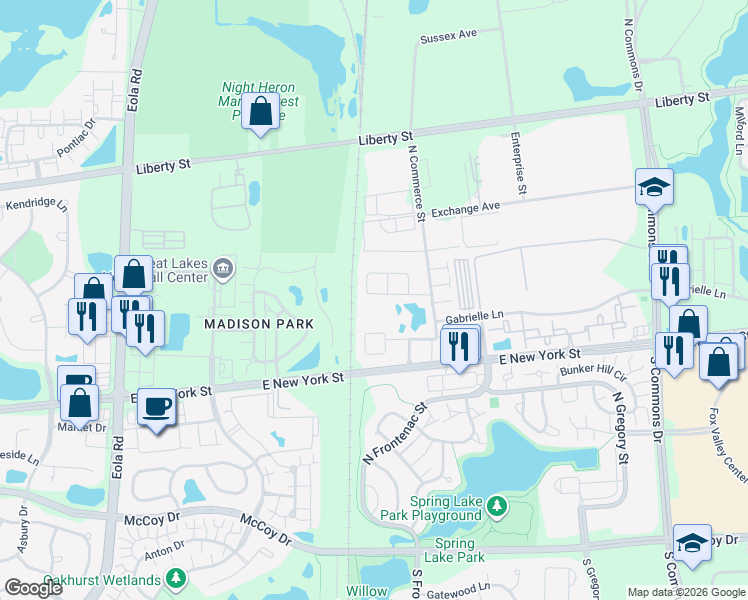 map of restaurants, bars, coffee shops, grocery stores, and more near 3466 Bradbury Circle in Aurora