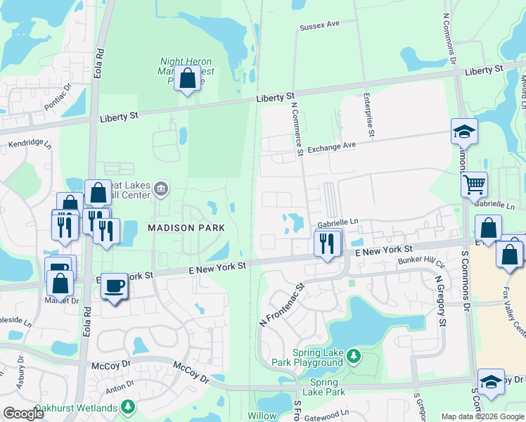 map of restaurants, bars, coffee shops, grocery stores, and more near 3443 Bradbury Circle in Aurora