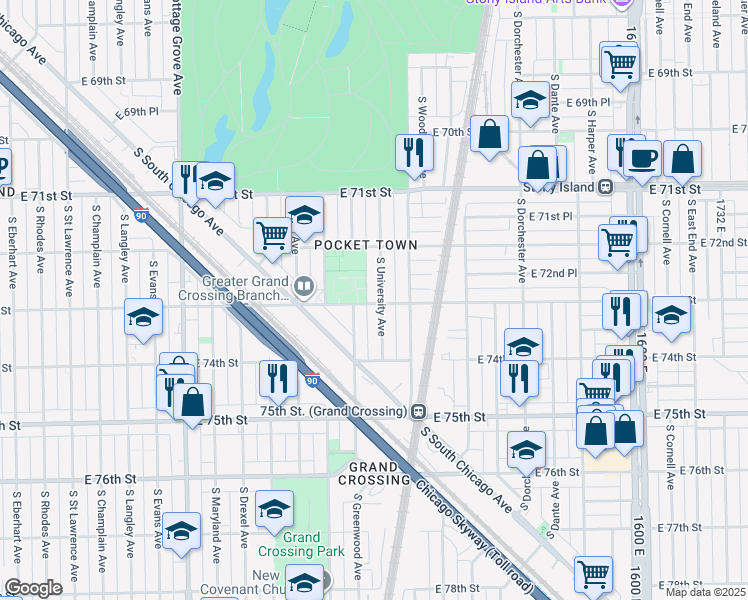 map of restaurants, bars, coffee shops, grocery stores, and more near East 73rd Street in Chicago