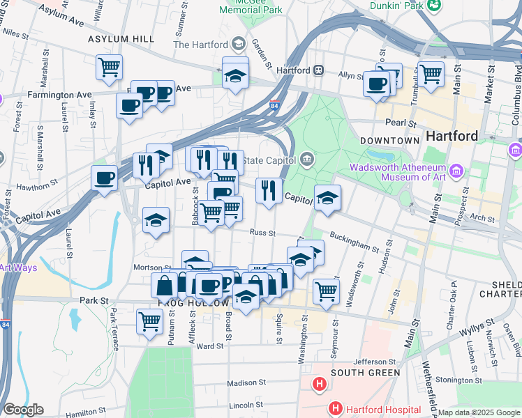 map of restaurants, bars, coffee shops, grocery stores, and more near 30 Hungerford Street in Hartford