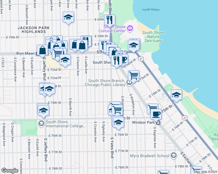 map of restaurants, bars, coffee shops, grocery stores, and more near 7300 South Yates Boulevard in Chicago