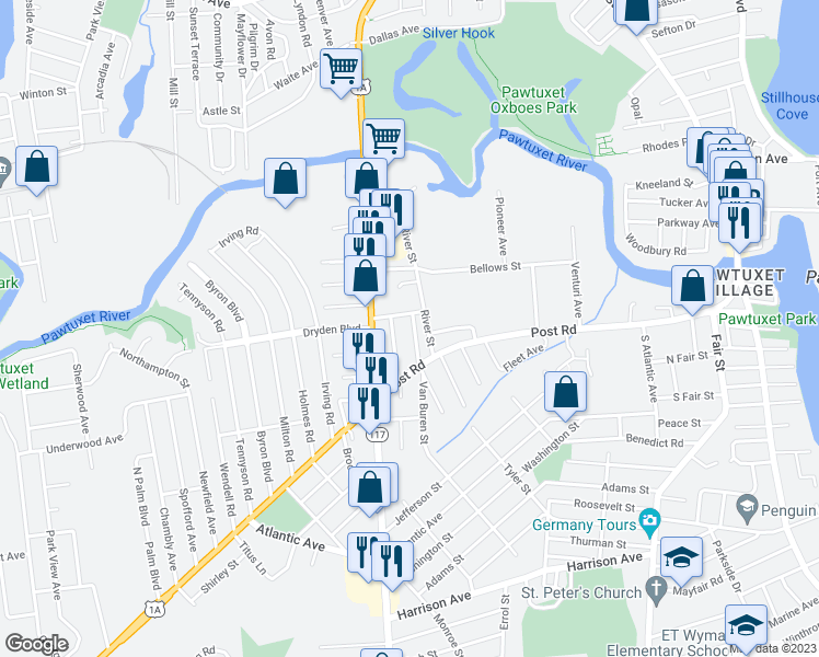 map of restaurants, bars, coffee shops, grocery stores, and more near 15 Proctor Avenue in Warwick