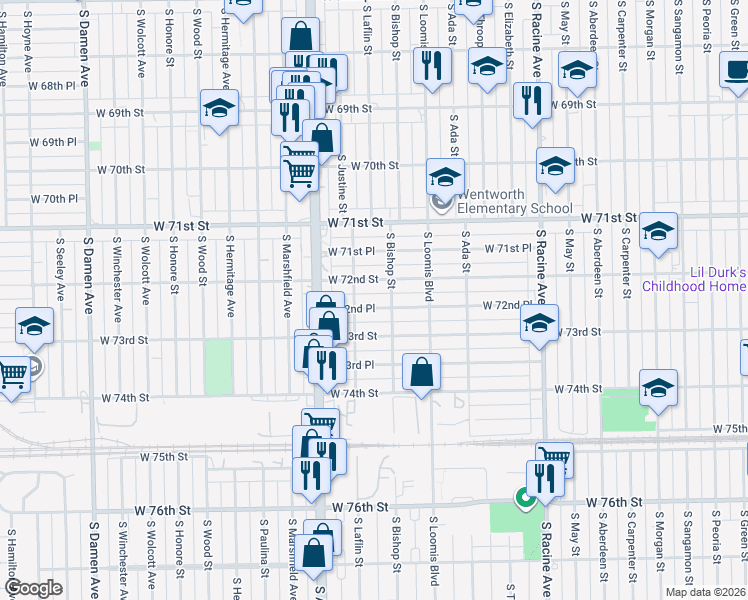map of restaurants, bars, coffee shops, grocery stores, and more near 1465 West 72nd Street in Chicago