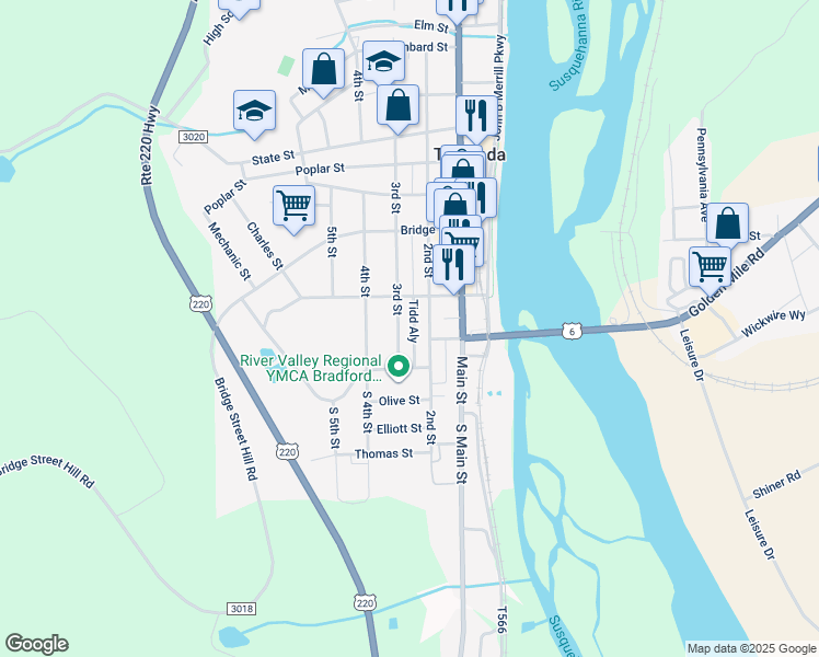 map of restaurants, bars, coffee shops, grocery stores, and more near 608 Tidd Alley in Towanda