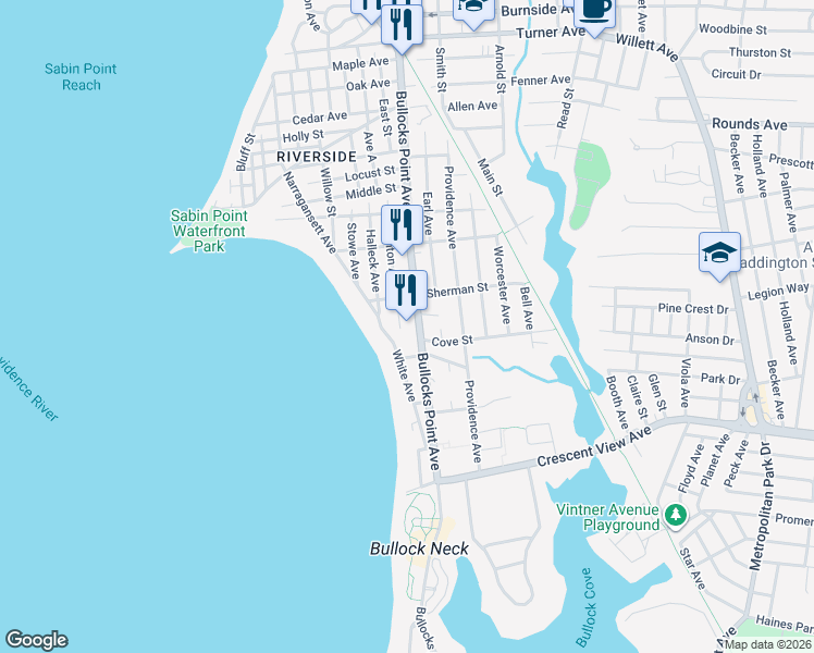map of restaurants, bars, coffee shops, grocery stores, and more near 505 Bullocks Point Avenue in East Providence