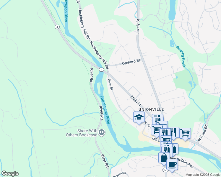 map of restaurants, bars, coffee shops, grocery stores, and more near 185 Perry Street in Farmington