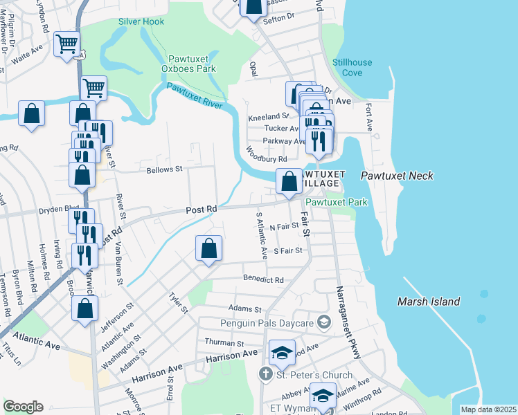 map of restaurants, bars, coffee shops, grocery stores, and more near 127 Post Road in Warwick