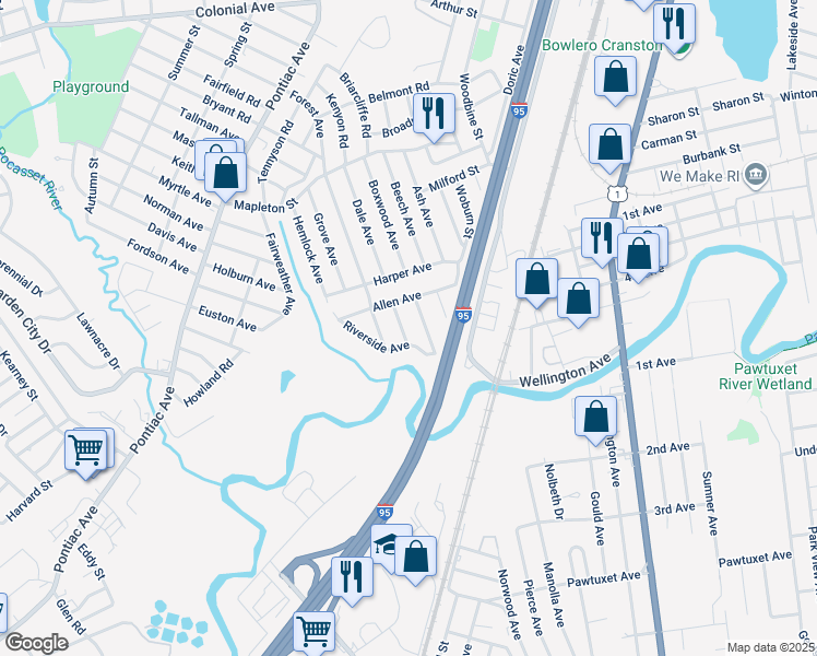 map of restaurants, bars, coffee shops, grocery stores, and more near 17 Reed Avenue in Providence