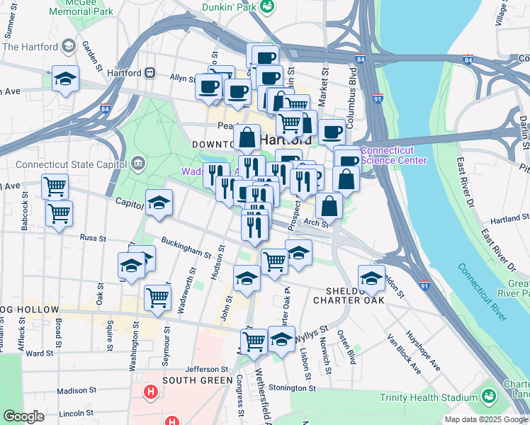 map of restaurants, bars, coffee shops, grocery stores, and more near 100 Wells Street in Hartford