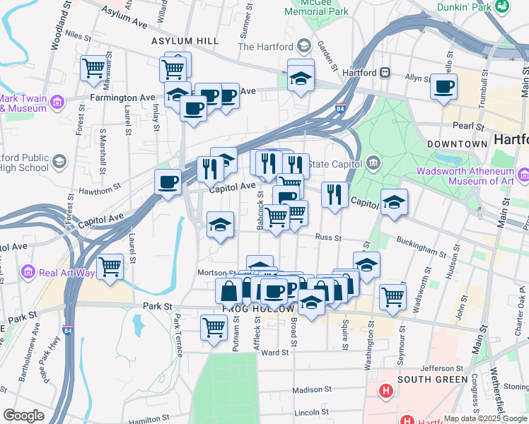 map of restaurants, bars, coffee shops, grocery stores, and more near 247 Lawrence Street in Hartford