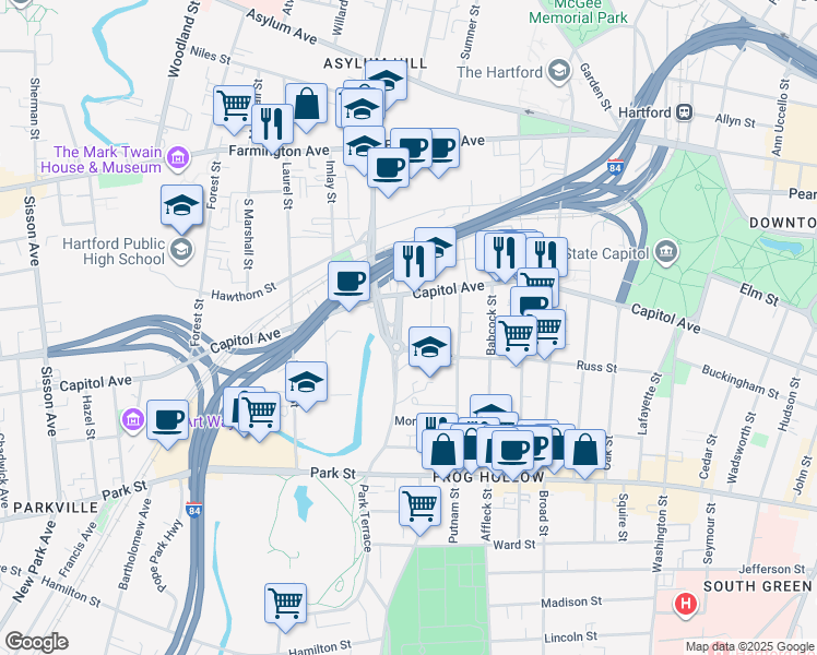 map of restaurants, bars, coffee shops, grocery stores, and more near in Hartford