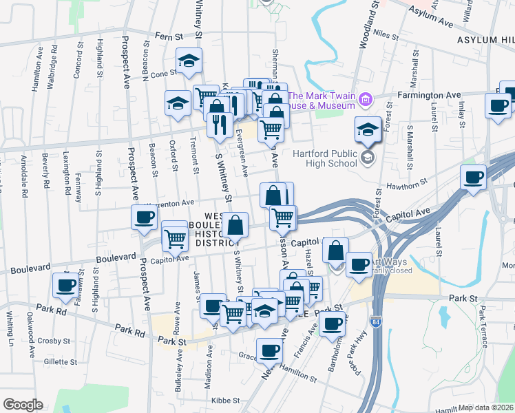 map of restaurants, bars, coffee shops, grocery stores, and more near 23 Warrenton Avenue in Hartford
