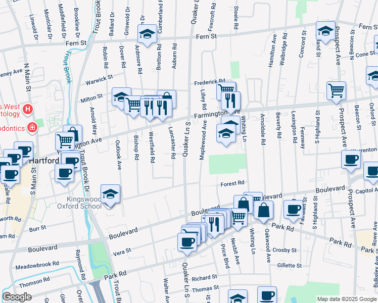 map of restaurants, bars, coffee shops, grocery stores, and more near 48 Quaker Lane South in West Hartford