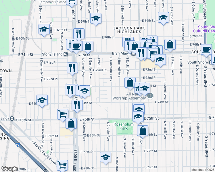 map of restaurants, bars, coffee shops, grocery stores, and more near 7249 South Constance Avenue in Chicago