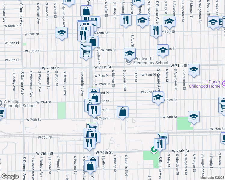map of restaurants, bars, coffee shops, grocery stores, and more near 1427 West 72nd Street in Chicago