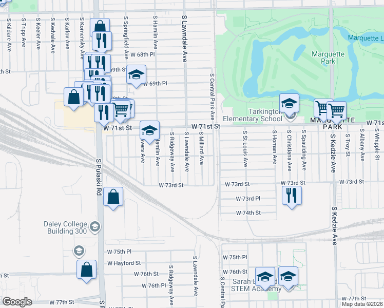 map of restaurants, bars, coffee shops, grocery stores, and more near 7142 South Millard Avenue in Chicago