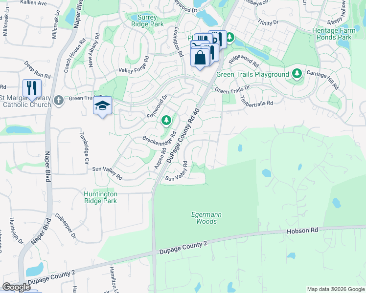 map of restaurants, bars, coffee shops, grocery stores, and more near 2490 Sun Valley Road in Lisle