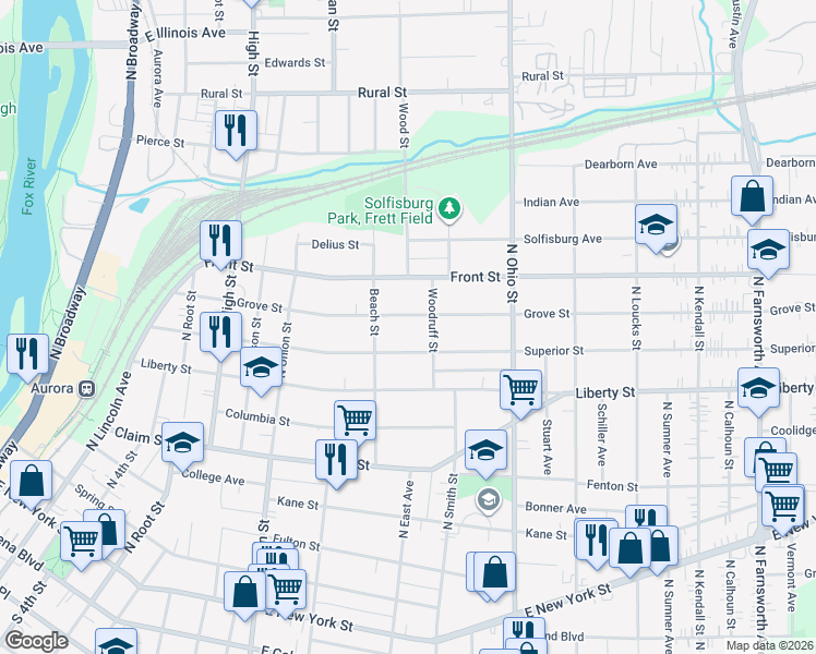 map of restaurants, bars, coffee shops, grocery stores, and more near 814 Grove Street in Aurora