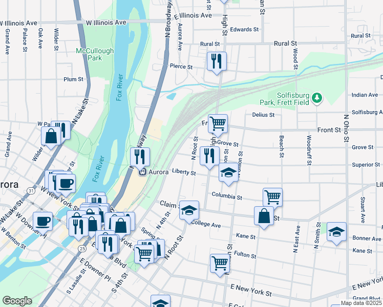 map of restaurants, bars, coffee shops, grocery stores, and more near 367 North Lincoln Avenue in Aurora