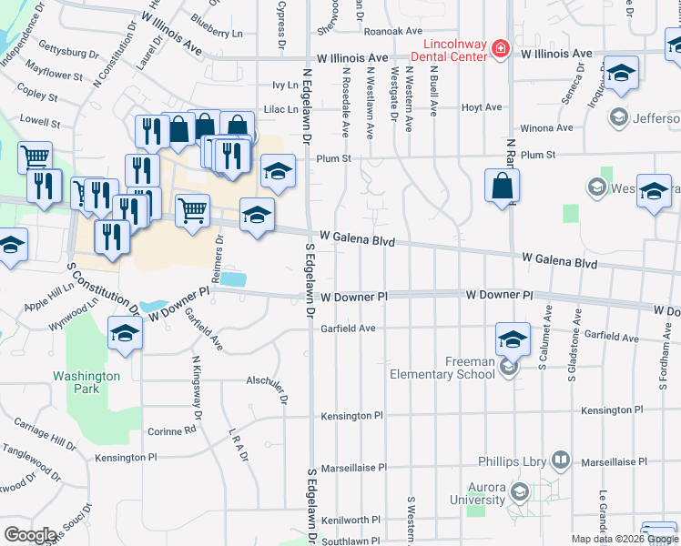 map of restaurants, bars, coffee shops, grocery stores, and more near 20 South Rosedale Avenue in Aurora
