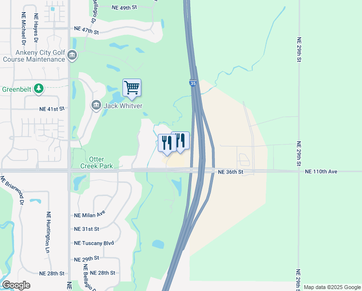 map of restaurants, bars, coffee shops, grocery stores, and more near 3614 Northeast Otter View Circle in Ankeny