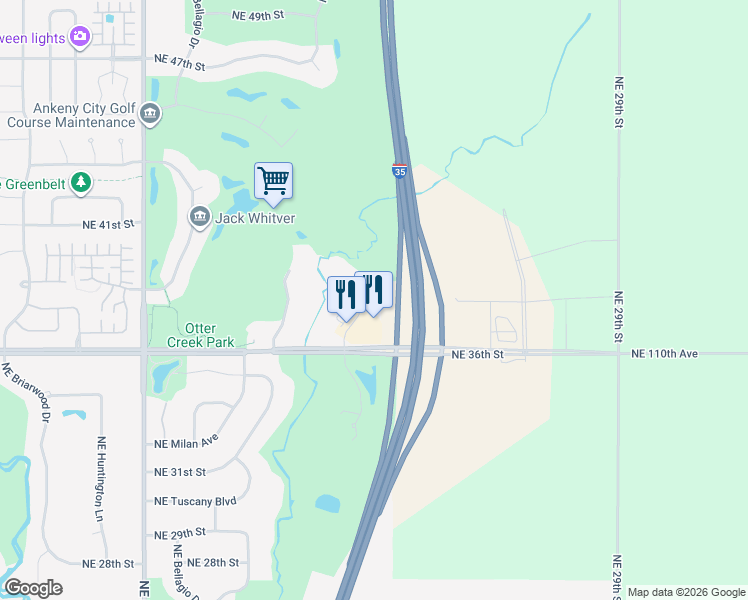 map of restaurants, bars, coffee shops, grocery stores, and more near 3614 Northeast Otter View Circle in Ankeny