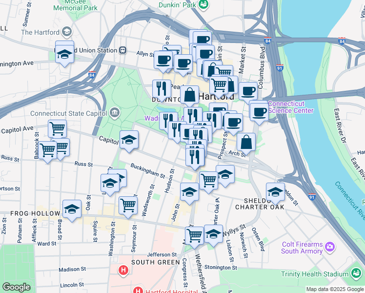 map of restaurants, bars, coffee shops, grocery stores, and more near Pulaski Circle in Hartford