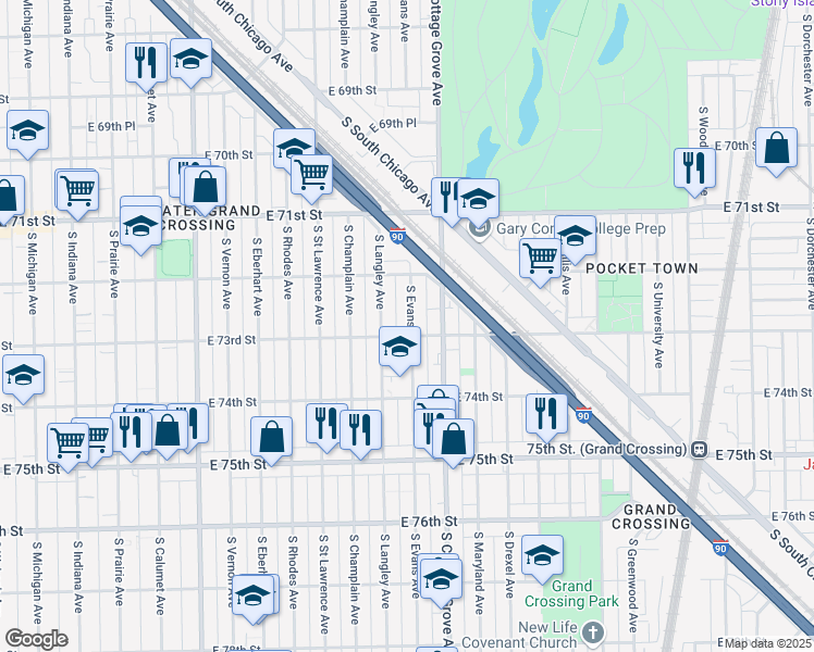 map of restaurants, bars, coffee shops, grocery stores, and more near 7252 South Evans Avenue in Chicago