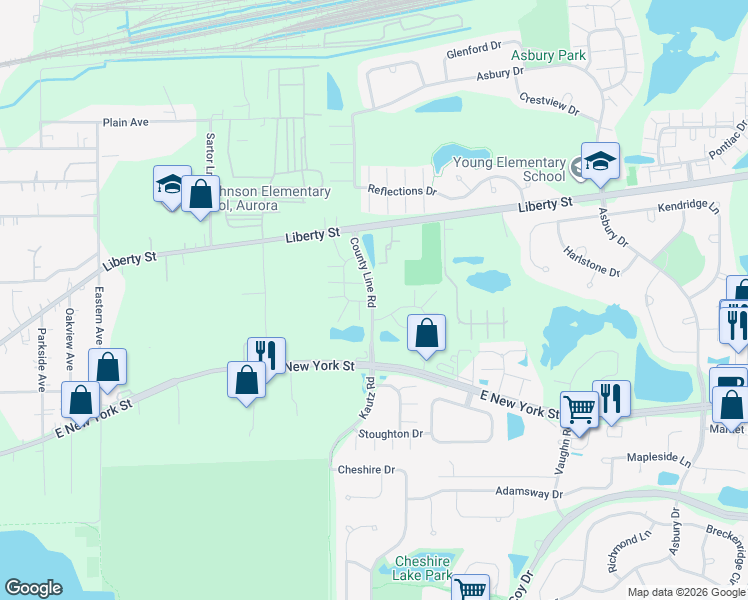 map of restaurants, bars, coffee shops, grocery stores, and more near 505 Declaration Lane in Aurora