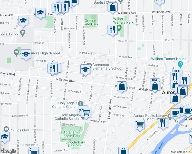 map of restaurants, bars, coffee shops, grocery stores, and more near 660 West New York Street in Aurora