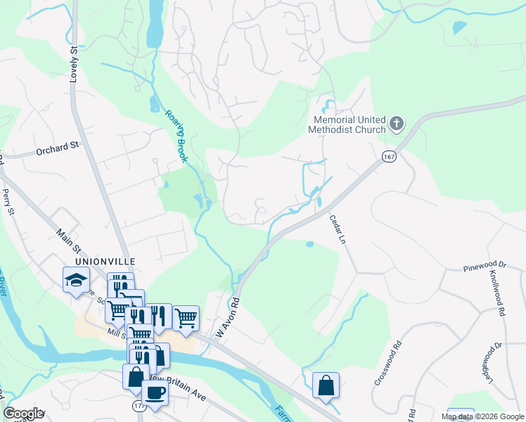 map of restaurants, bars, coffee shops, grocery stores, and more near 30 Great Meadow Lane in Avon