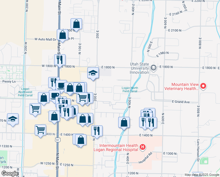 map of restaurants, bars, coffee shops, grocery stores, and more near 272 East 1725 North in North Logan