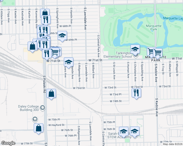 map of restaurants, bars, coffee shops, grocery stores, and more near 7142 South Millard Avenue in Chicago