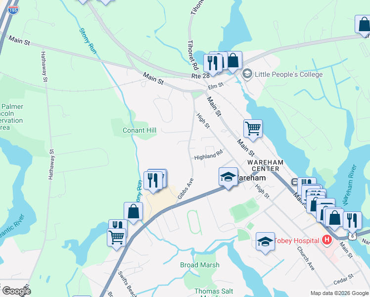 map of restaurants, bars, coffee shops, grocery stores, and more near 65 Gibbs Avenue in Wareham