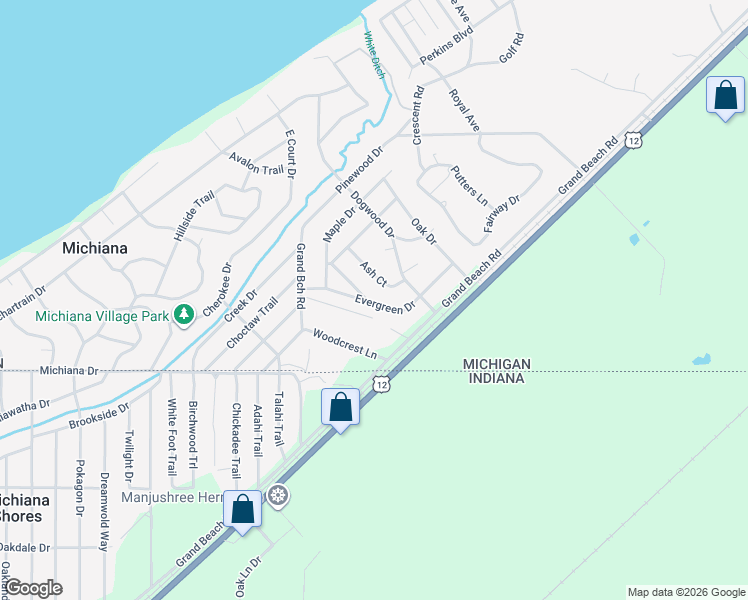 map of restaurants, bars, coffee shops, grocery stores, and more near 19691 Catalpa Drive in New Buffalo
