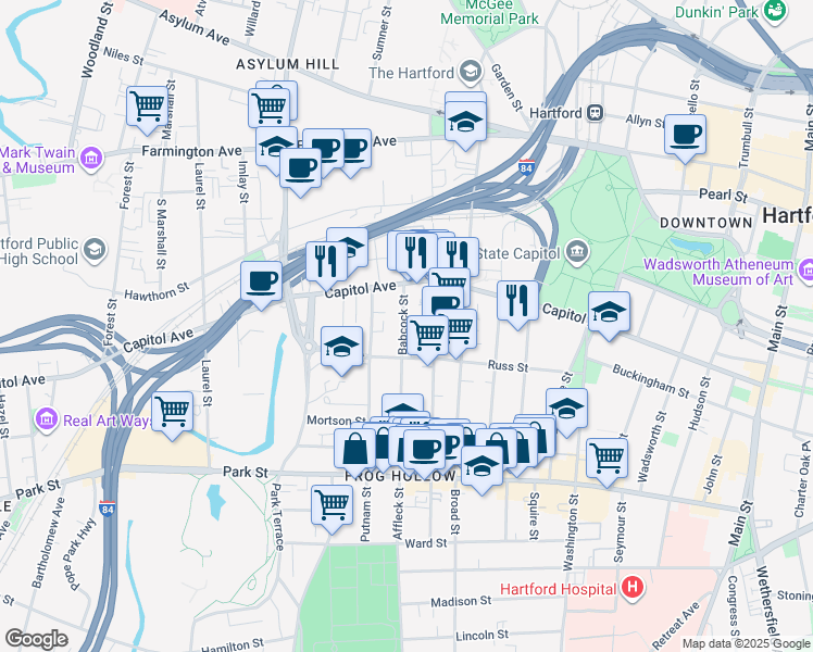 map of restaurants, bars, coffee shops, grocery stores, and more near 247 Lawrence Street in Hartford